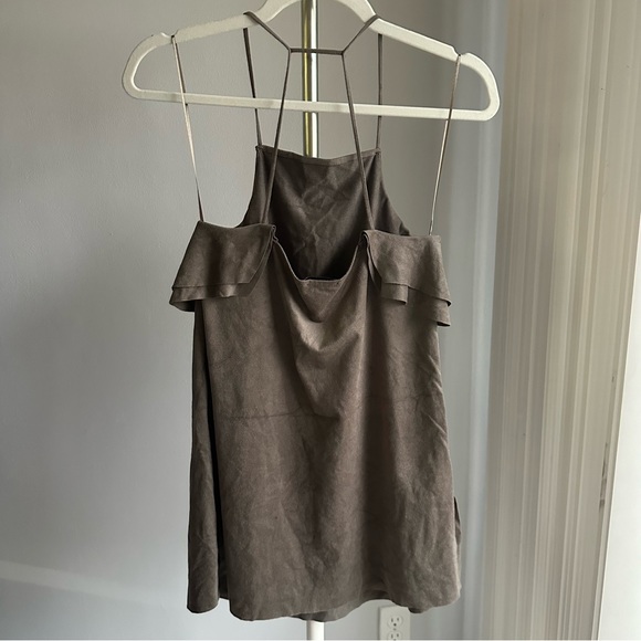 ZARA Faux Suede Side Slits Ruffle Strappy Mini Slip Dress in Stone Gray - Picture 3 of 7